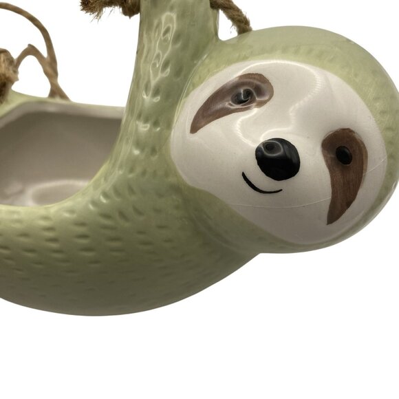 Ceramic Hanging Sloth Planter Pot Jute Rope Sage Green Animal Succulent Holder - Picture 4 of 8